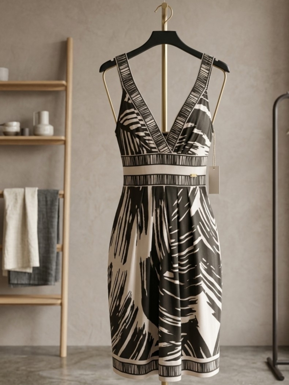 BCBGMaxAzria Black & Cream V-Neck Chemise with Abstract Brushstroke Print